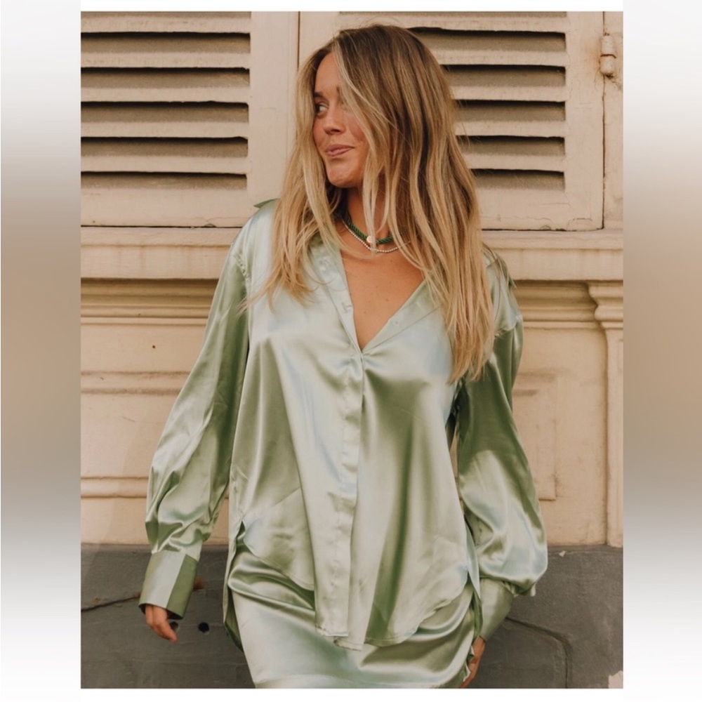 Daily Drills Sage Green Satin Blouse
